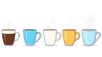 Obraz premium Five steaming mugs of coffee, tea, or hot chocolate, perfect for a cozy morning.
