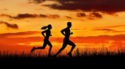 Silhouettes of a Couple Running into the Sunset