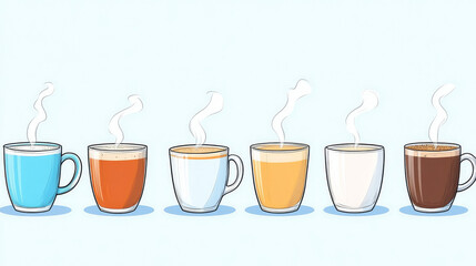 Obraz premium Six steaming mugs of coffee, tea, and other hot drinks.
