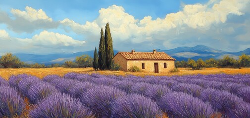 Lavender field with a rustic house and cypress trees under a blue sky.