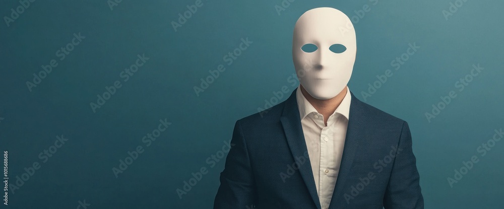 Poster exploring the symbolism of identity and anonymity in contemporary art with a faceless mask represent
