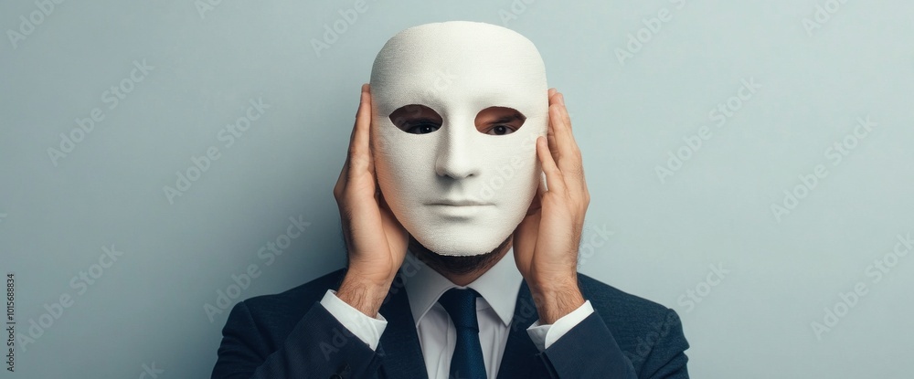 Poster exploring identity and concealment through the symbolism of a blank mask