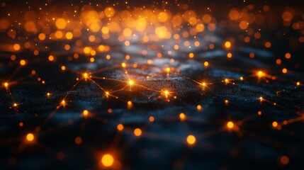 Obraz premium Abstract Network of Glowing Orange Lines and Dots on a Dark Blue Surface