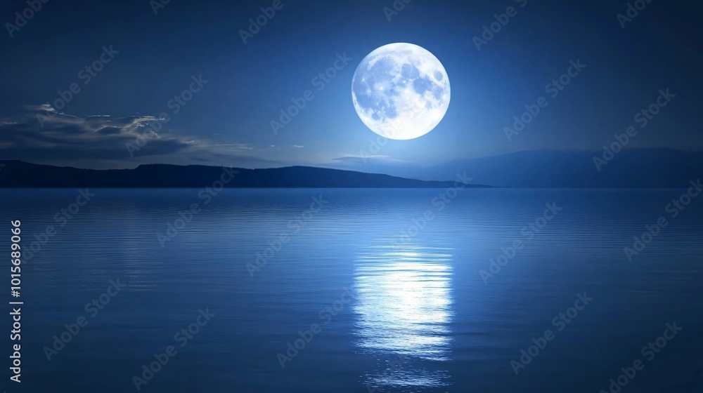 Poster full moon reflecting on the still surface of a lake with mountains in the distance.