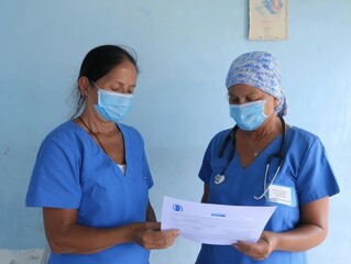 Two Female Nurses in Blue Scrubs Reviewing Medical Documents Indoors