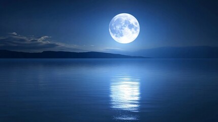 Full moon reflecting on the still surface of a lake with mountains in the distance.