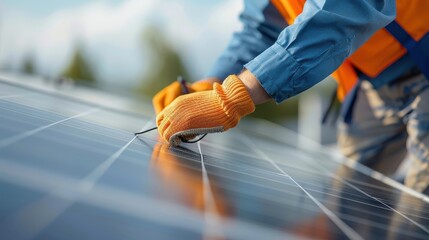 A close-up of a hand connecting wires to a solar panel.