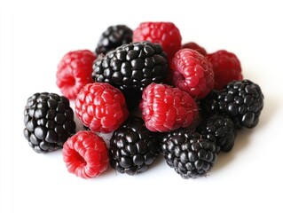 A close-up of wild berries such as blackberries and raspberries, isolated on a plain white background