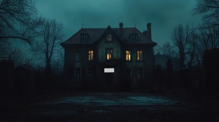 A Mysterious Two-Story House with Lit Windows at Night