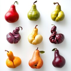 A collection of oddly shaped fruits like misshapen pears and twisted apples, isolated on a clean white background