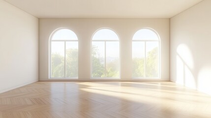 Obraz premium A large room with three arched windows and a wooden floor