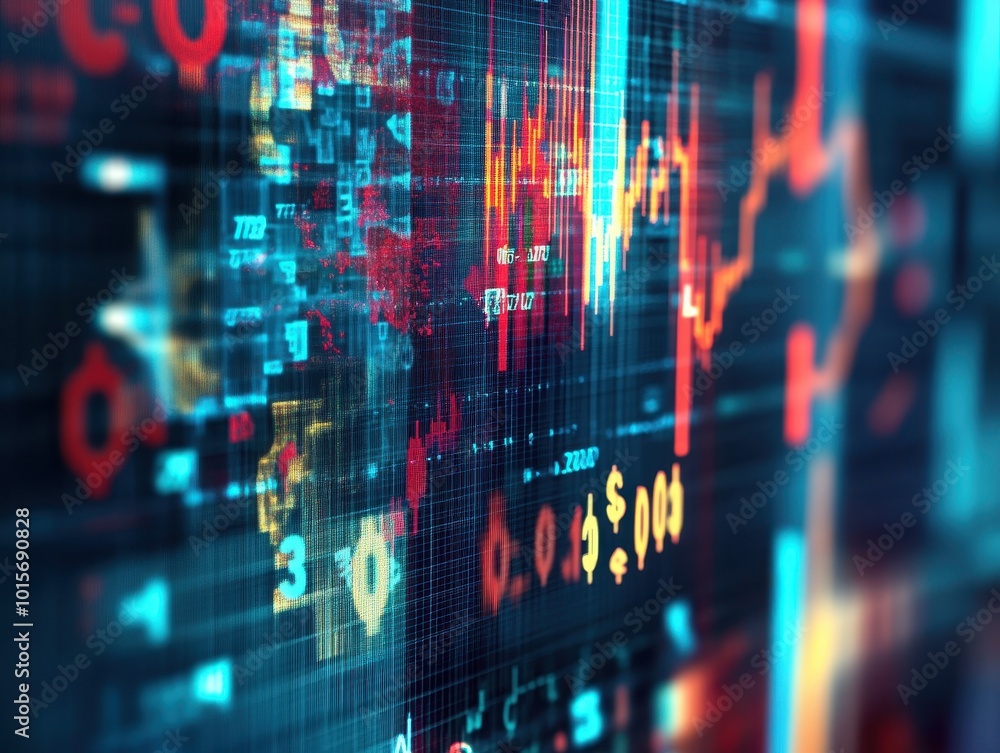 Poster abstract digital display with stock market data and charts