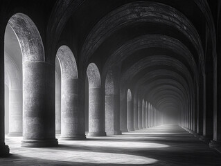 Obraz premium a black and white photo of a long hallway with arched doorways. The lighting creates a dramatic effect.