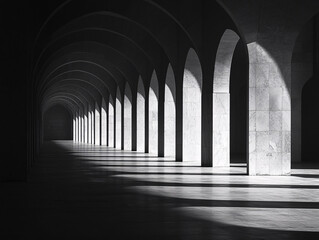 Obraz premium a black and white photo of a long hallway with arched doorways. The lighting creates a dramatic effect.