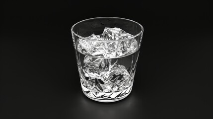 A minimalist 3D rendering of a glass with perfectly shaped ice cubes against a solid black background. The clear glass and ice create a striking, refined composition that emphasizes the transparency