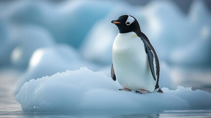 Naklejka premium A penguin stands on a solitary ice floe in the Arctic Ocean, a symbol of the shrinking habitats caused by global warming and environmental changes.
