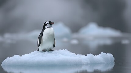 Obraz premium A penguin stands on a solitary ice floe in the Arctic Ocean, a symbol of the shrinking habitats caused by global warming and environmental changes.