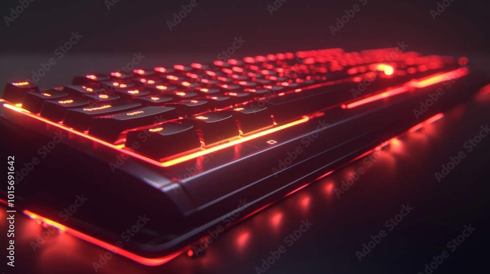 Poster a dynamic image showcasing a gaming keyboard with illuminated red led keys. the close-up shot highli