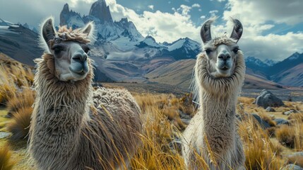 Obraz premium two llamas standing in a field with mountains in the background
