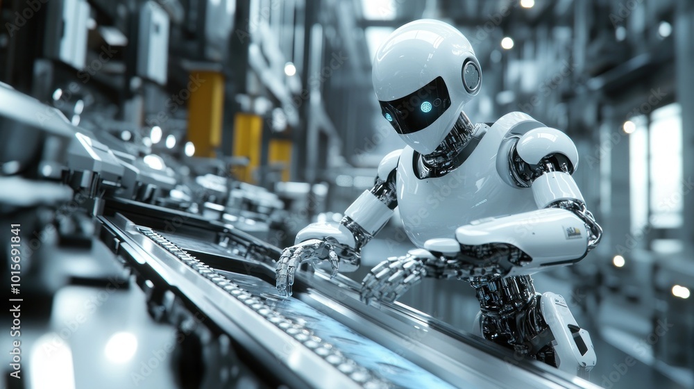 Poster robot working on assembly line