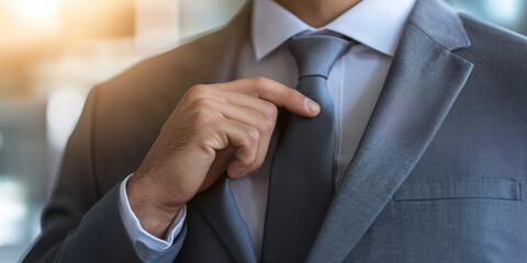 Close up of business man hand touching tie in grey suit, generative AI