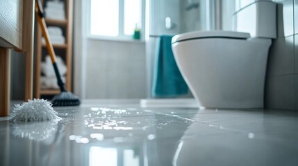 A modern white bathroom faces a plumbing emergency as an overflowing toilet spills water onto the glossy tiles, prompting urgent cleanup with cleaning supplies nearby