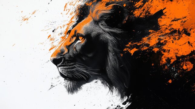 Majestic Lion Portrait with Vibrant Orange and Black Abstract Paint Splashes on White Background