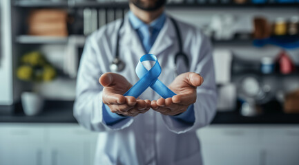 Blue satin ribbon in the hands of a doctor, created with Generative AI technology.