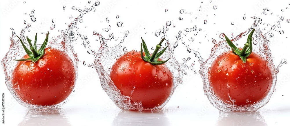 Poster Three red ripe tomatoes splashing into water, isolated on white background.