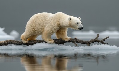 A polar bear balances on a diminishing piece of ice surrounded by ocean water, perfect for climate change or wildlife conservation themes.