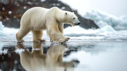 A polar bear walks along the shore, its habitat threatened by warming temperatures and melting ice.