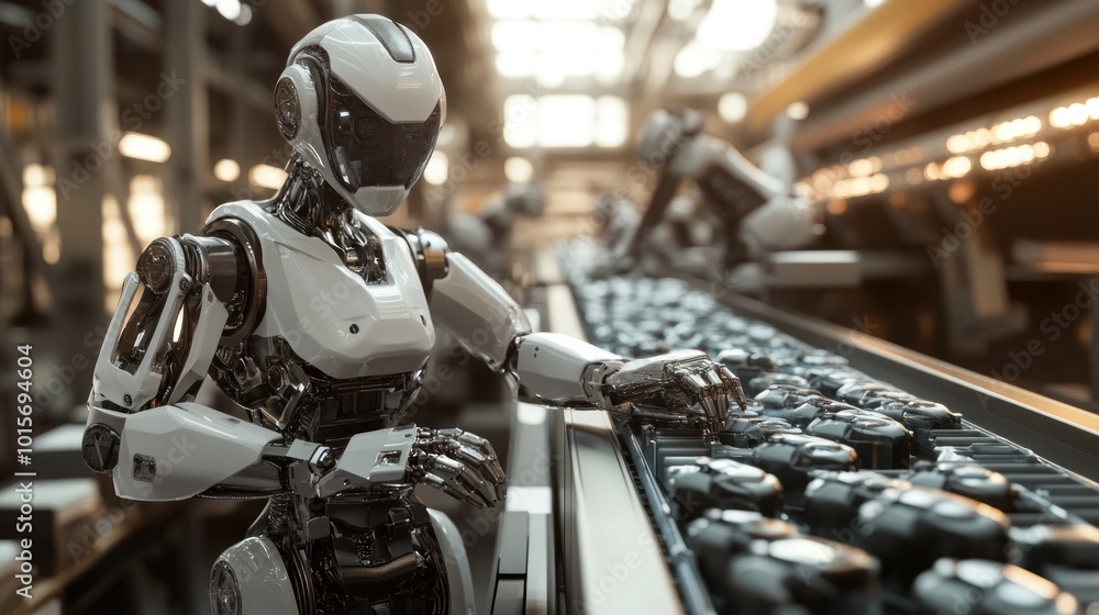 Poster robot working on assembly line
