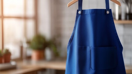 A royal blue apron is gracefully arranged on a wooden hanger, showcasing its neat folds and symmetrical straps. The light grey background allows for branding opportunities