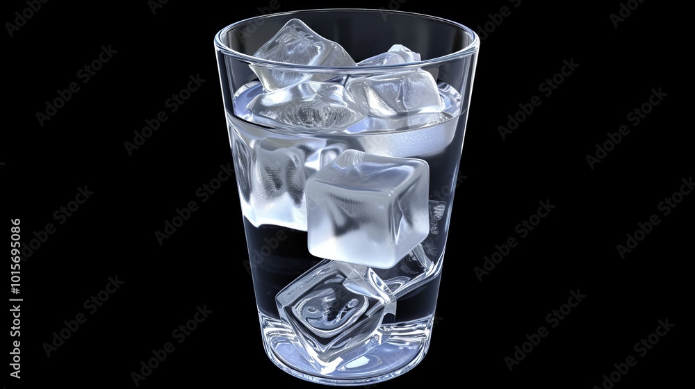 Poster a highly detailed 3d rendering of a glass filled with water and several large ice cubes. the ice cub