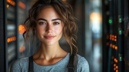 A portrait of a woman in a server room providing IT support, fixing network issues as part of information technology solutions.