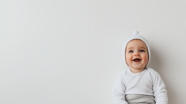A joyful baby in a silver astronaut jumpsuit and helmet smiles broadly, radiating excitement and a sense of adventure against a clean white backdrop