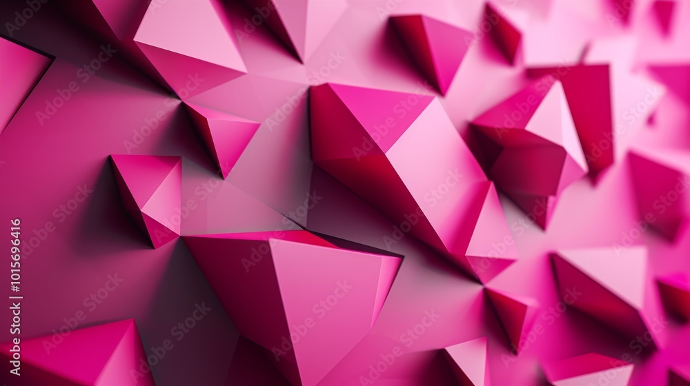 Poster a sleek digital composition showcasing abstract pink pyramids arranged in a minimalistic, futuristic