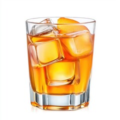 Peach juice with ice cubes in a glass, perfect for hot days.