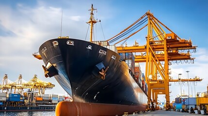 Large cargo ship anchored in harbor during port strike, surrounded by empty docks and cranes, symbolizing halted operations and economic impact