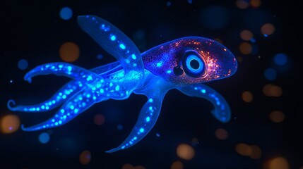 Bright Blue Bioluminescent Squid in a Dark Ocean Surrounding