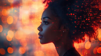 A profile silhouette of a black woman deep in thought, blended with a science and technology theme.