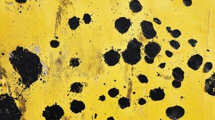 A detailed close-up of large black paint splatters on a textured yellow background. The contrasting colors and rough texture add a gritty, urban feel, ideal for modern art projects and bold designs.