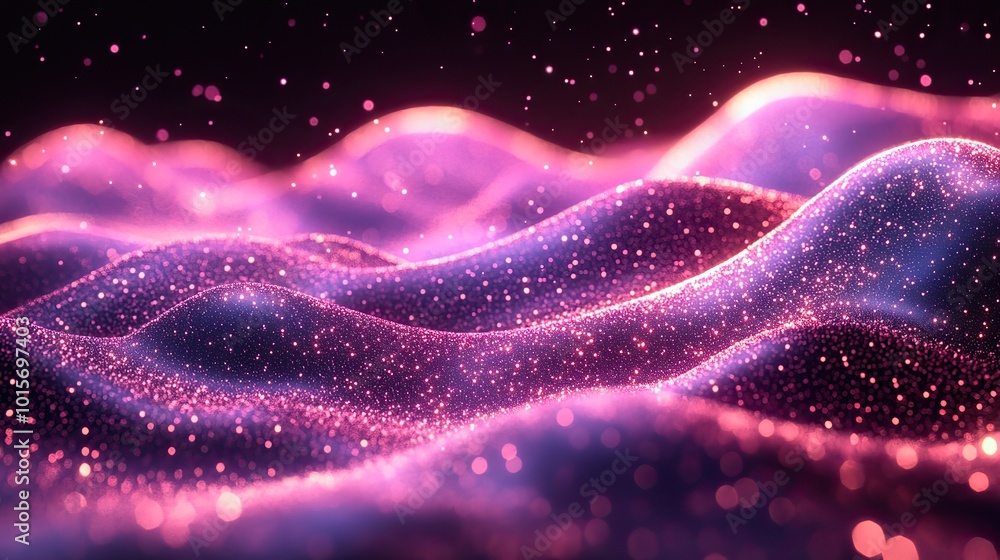 Wall mural a purple background filled with glowing particles resembling a stream, symbolizing information techn