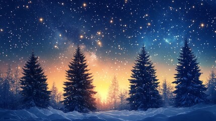 A magical winter night scene with snow-covered trees and a starry sky.
