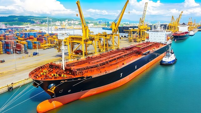 Large cargo ship anchored in harbor during port strike, surrounded by empty docks and cranes, symbolizing halted operations and economic impact