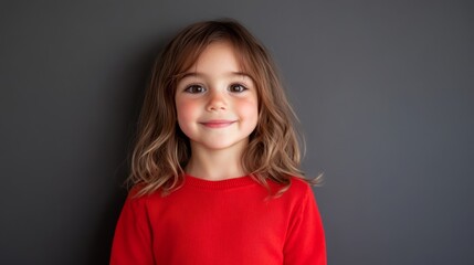 Fototapeta premium A smiling child wears a vibrant red sweater, her hair neatly styled. She stands against a neutral gray backdrop, exuding warmth and friendliness