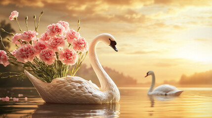 Obraz premium A vase shaped like a swan, filled with pink carnations, with a real swan swimming in a pond under a golden sky in the background.