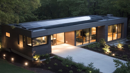 Obraz premium A modern home with a sleek design, featuring solar panels on the roof and large windows, illuminated by the warm glow of indoor lights.