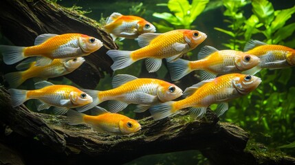 Vibrant Underwater Oasis: A School of Radiant Goldfish