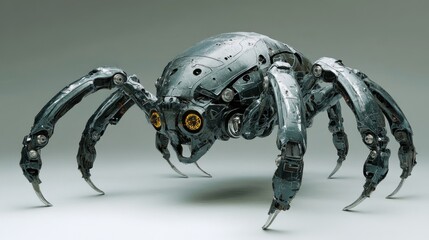 A metallic robotic spider with eight legs and yellow glowing eyes on a gray background.